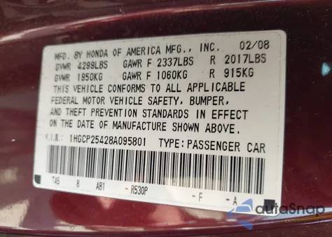 2008 Honda Accord 2.4 Lx-P from USA, damaged, VIN 1HGCP25428A095801
